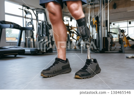 Man stands in a gym with a prosthetic leg, showcasing perseverance, health, and accessibility for fitness Man stands in a gym with a prosthetic leg, showcasing perseverance, health, and accessibility for fitness 138465546