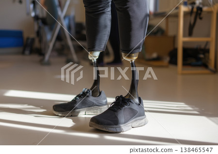 Person stands on prosthetic legs wearing athletic shoes, symbolizing resilience and adaptability with assistive technology. Person stands on prosthetic legs wearing athletic shoes, symbolizing resilience and adaptability with assistive technology. 138465547