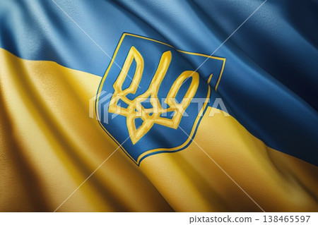 Ukraine national flag flutters in the wind, showcasing the vibrant colors and the Tryzub emblem representing the country's proud history. Ukraine national flag flutters in the wind, showcasing the vibrant colors and the Tryzub emblem representing the country's proud history. 138465597