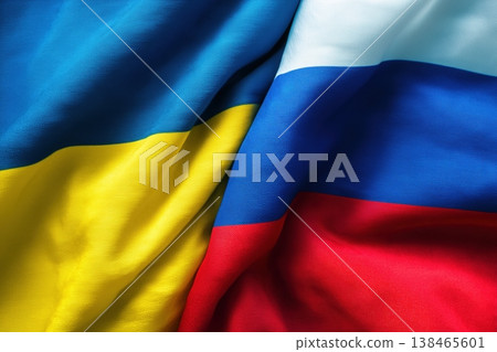 Flags of Ukraine and Russia are closely intertwined showcasing the geopolitical tension Flags of Ukraine and Russia are closely intertwined showcasing the geopolitical tension 138465601