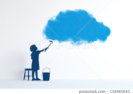 Silhouette of a child painting a blue cloud on a white wall representing imagination and creativity in a modern setting. 138465643
