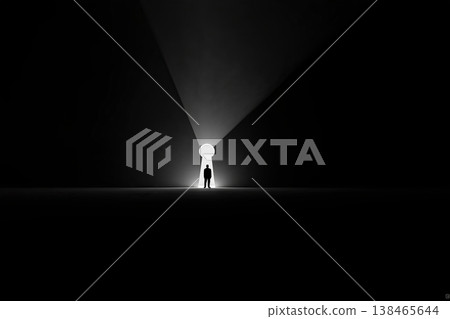 Silhouette stands before a glowing keyhole, representing opportunity, possibility, and choices in a stark contrast art. 138465644