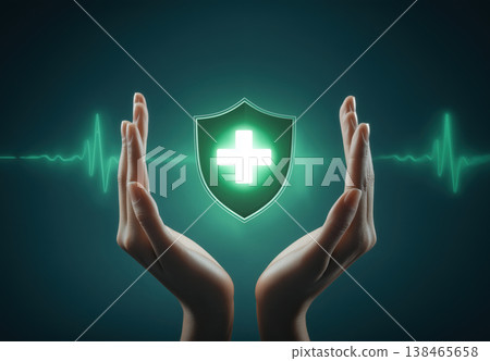 Hands protect a glowing medical shield with heartbeat line, representing health, insurance and security. Hands protect a glowing medical shield with heartbeat line, representing health, insurance and security. 138465658