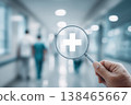 Healthcare services magnified with a lens reveals a plus sign in a hospital, symbolizing medical care and health assistance. 138465667