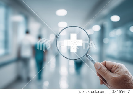 Healthcare services magnified with a lens reveals a plus sign in a hospital, symbolizing medical care and health assistance. Healthcare services magnified with a lens reveals a plus sign in a hospital, symbolizing medical care and health assistance. 138465667