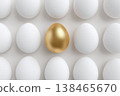 Golden egg stands out among the white eggs, showcasing individuality and a unique value proposition in a simple, elegant arrangement. 138465670