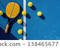 Get active with a vibrant padel tennis racket and balls on a bright blue court, ready for a dynamic game 138465677