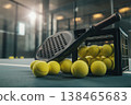 Get ready to play padel with fresh tennis balls and a sleek racket on the court today 138465683