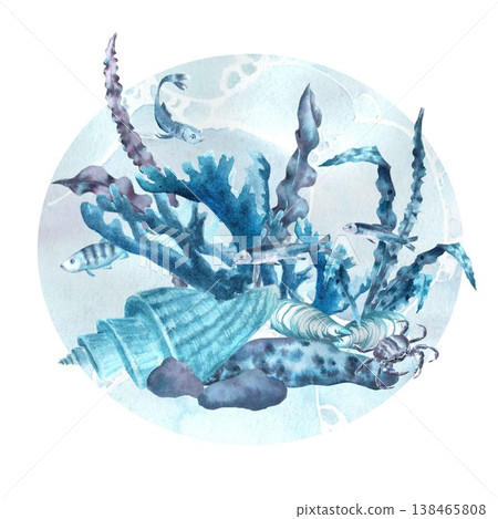 A hand-drawn watercolor circular composition with rocks, shells, sea urchins, seaweed, fish, and bubbles on a blue background. Simple clip art of underwater objects in blue and gray for design. A hand-drawn watercolor circular composition with rocks, shells, sea urchins, seaweed, fish, and bubbles on a blue background. Simple clip art of underwater objects in blue and gray for design. 138465808