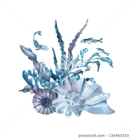A marine composition of blue shells, sea urchins, seaweed with leaves and fish. , hand-drawn in watercolor on an isolated background. Simple clip art of underwater objects for design. 138465810