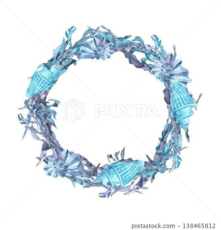 A hand-drawn watercolor round frame with seashells, seaweed, and leaves in blue, gray, and purple on an isolated background. Simple clip art of underwater objects with space for text for design 138465812