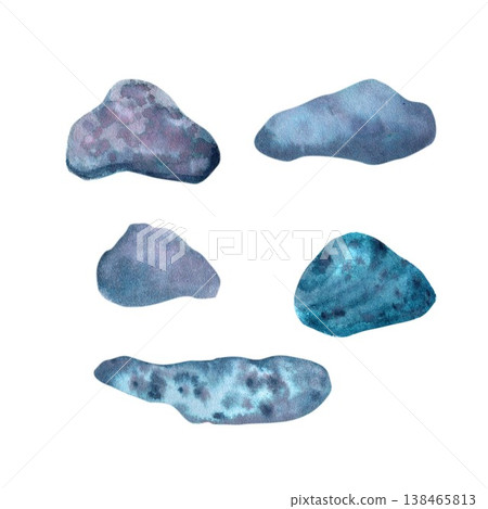A collection of blue, dark blue, gray, and purple sea stones, hand-drawn in watercolor on an isolated background. Simple clip art of underwater objects with room for design and decoration. 138465813