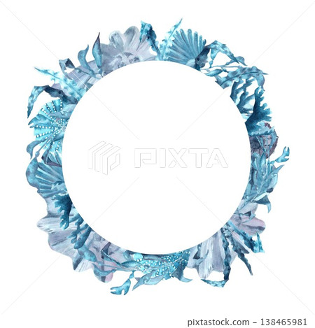 A round frame of blue, silver, and gray seaweed, shells, and sea urchins, hand-drawn in watercolor on an isolated background. Simple underwater clip art with a dream text for design and decoration 138465981