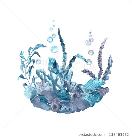 A hand-drawn watercolor circular composition with stones, shells, sea urchins, seaweed , and bubbles on an isolated background. Simple clip art of underwater objects in blue and grey colors. 138465982
