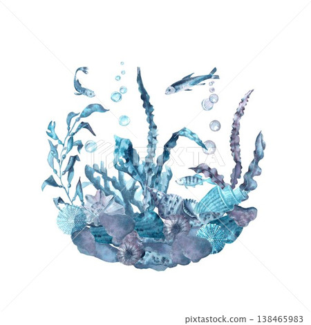 A hand-drawn watercolor circular composition with rocks, shells, sea urchins, seaweed, fish, and bubbles on an isolated background. Simple clip art of underwater objects in blue and gray colors. 138465983