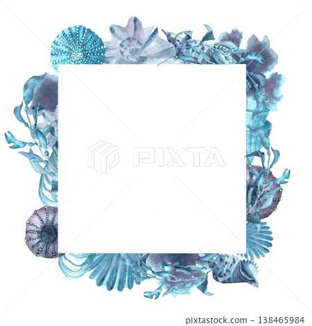 A square frame of hand-drawn watercolor blue, silver, and gray seaweed, shells, and sea urchins on an isolated background. Simple underwater clip art with a dream text for design and decoration. 138465984