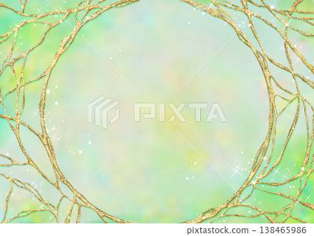 Opal-like blurred background with a gold circular window frame; green tones. 138465986