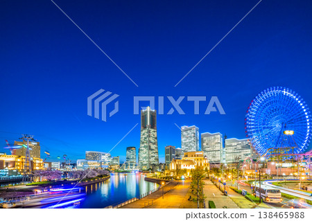 Yokohama cityscape, Japan, April 3rd. View of Yokohama Landmark Tower, ropeway, water bus, houseboat, cherry blossoms, etc. 138465988