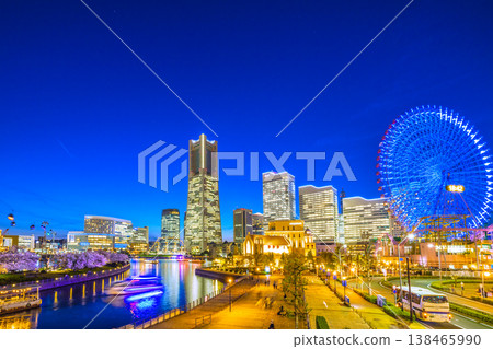 Yokohama cityscape, Japan, April 3rd. View of Yokohama Landmark Tower, ropeway, water bus, houseboat, cherry blossoms, etc. Yokohama cityscape, Japan, April 3rd. View of Yokohama Landmark Tower, ropeway, water bus, houseboat, cherry blossoms, etc. 138465990