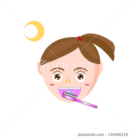 Toothbrushing illustration: Child with toothbrush, oral care, dental, cavity prevention, health, simple material. Toothbrushing illustration: Child with toothbrush, oral care, dental, cavity prevention, health, simple material. 138466129