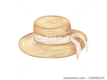 Watercolor women straw hat with wide brim decorated with beige ribbon band illustration on isolated background. Sunhat natural woven Panama for summer fashion, travel flyers, beach resort brochures Watercolor women straw hat with wide brim decorated with beige ribbon band illustration on isolated background. Sunhat natural woven Panama for summer fashion, travel flyers, beach resort brochures 138466224