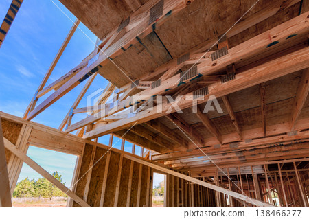 Workers frame structure using wooden beams under assemble joints trusses in an outdoor construction site y. Workers frame structure using wooden beams under assemble joints trusses in an outdoor construction site y. 138466277