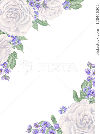 White roses and blue Matthiola watercolor vertical frame on isolated background. Blooming flowers border with copy space for text. Floral template for bridal shower cards, anniversary flyers White roses and blue Matthiola watercolor vertical frame on isolated background. Blooming flowers border with copy space for text. Floral template for bridal shower cards, anniversary flyers 138466302