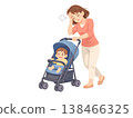 A single mother walking with a stroller. 138466325