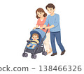 An illustration of a young couple pushing a stroller with their baby. 138466326