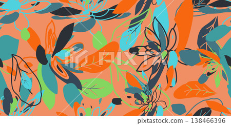 Premium seamless floral print with bold organic shapes. Ideal for luxury resort wear, modern textiles, and chic wallpaper. High res commercial vector. 138466396