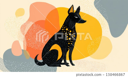 Black dog sits against bright shapes 138466867
