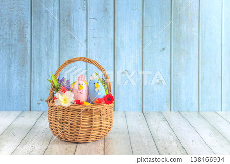 Happy easter holiday greeting card template; wicker basket with easter eggs and flowers on a wooden background; copy space for your text Happy easter holiday greeting card template; wicker basket with easter eggs and flowers on a wooden background; copy space for your text 138466934