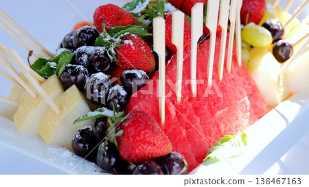 Colorful fruit platter displaying watermelon slices, strawberries, cherries, melon, green grapes, garnished with mint leaves and dusted with powdered sugar Colorful fruit platter displaying watermelon slices, strawberries, cherries, melon, green grapes, garnished with mint leaves and dusted with powdered sugar 138467163