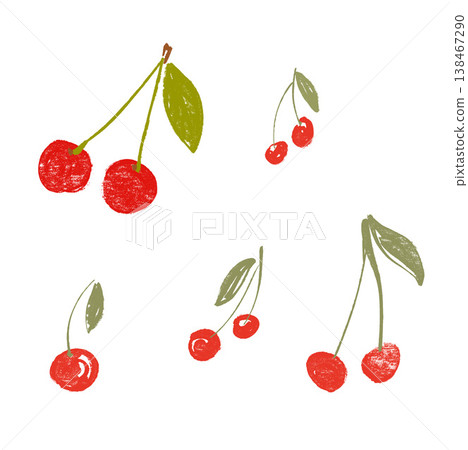 Set of fresh cherry and leaves. Hand-drawn ripe fruits isolated on white background. Tasty food illustration for design, print, fabric or background. 138467290