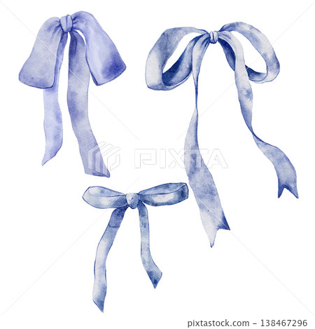 Watercolor blue and violet bows set. Hand-drawn gift bow isolated on white background. Holiday illustration for design, print, fabric or background. Watercolor blue and violet bows set. Hand-drawn gift bow isolated on white background. Holiday illustration for design, print, fabric or background. 138467296