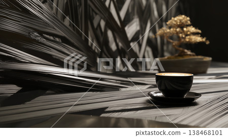 擺放在日式現代空間的黑色茶具和金色盆景樹，營造出精緻奢華的氛圍。 138468101