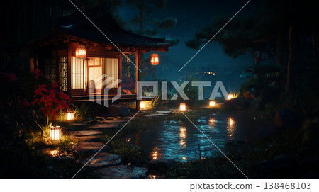 夜晚，柔和的燈籠燈光照亮了日式花園，夢幻般的燈光倒映在池塘水面上。 138468103