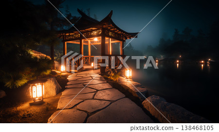 充滿氛圍的夜花園景色，籠罩在燈籠的光芒中，讓人想起傳統的節慶和活動。 138468105