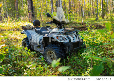 All Terrain Vehicle outside. Quad bike or ATV surrounded by lush greenery in a serene forest during midday. All Terrain Vehicle outside. Quad bike or ATV surrounded by lush greenery in a serene forest during midday. 138468323