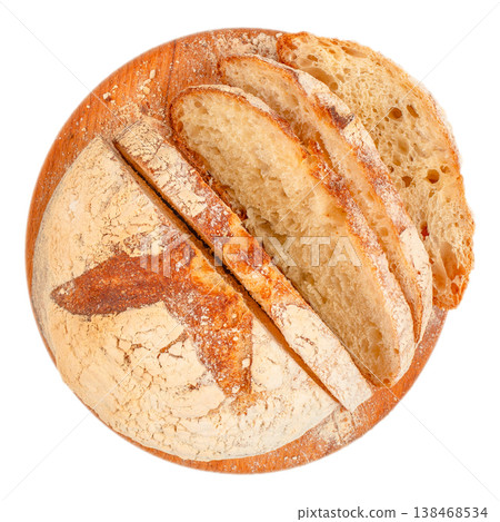 Sliced artisan sourdough bread loaf on wooden board isolated on light background, top view Sliced artisan sourdough bread loaf on wooden board isolated on light background, top view 138468534