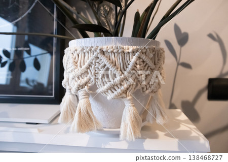Flower pot with zamioculcas plant decorated with diy macrame standing on white piano Flower pot with zamioculcas plant decorated with diy macrame standing on white piano 138468727