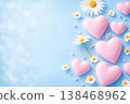 Pink hearts and white daisies on pastel blue background with copyspace for romantic greeting and wedding design 138468962