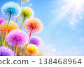 Colorful fluffy dandelion flowers on soft blue background with copyspace for spring greeting and floral wallpaper 138468964