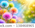 Colorful fluffy dandelion flowers in sunlight with pastel bokeh background and copyspace for spring floral design 138468965
