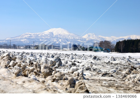 四月初，從北海道尻別市俱知安町可以看到羊蹄山（又稱蝦夷富士山）和二世古安努普利（二世古山脈的一部分，滑雪勝地）。 138469066
