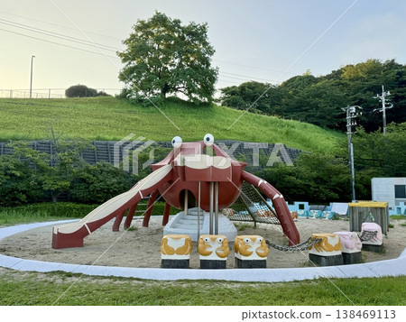 Crab-shaped playground equipment at a park in Hikoshima, Shimonoseki City, Yamaguchi Prefecture Crab-shaped playground equipment at a park in Hikoshima, Shimonoseki City, Yamaguchi Prefecture 138469113