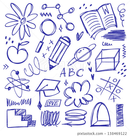 Isolated blue pen school doodles set. Hand drawn science, education and space sketches on grid background. Vector rough chaotic scribble elements collection for student poster or learning design. Isolated blue pen school doodles set. Hand drawn science, education and space sketches on grid background. Vector rough chaotic scribble elements collection for student poster or learning design. 138469122