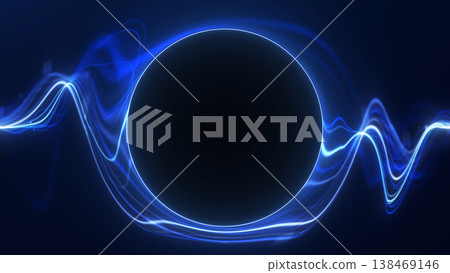 Blue neon energy ring with glowing circular light and fluid wave trails on dark background. Futuristic abstract tech scene with clean luminous focus and depth. Blue neon energy ring with glowing circular light and fluid wave trails on dark background. Futuristic abstract tech scene with clean luminous focus and depth. 138469146
