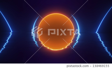 Minimal neon sunset with glowing orange orb, blue arcs and mirrored reflection on dark water. Futuristic abstract scene with synthwave mood and clean cinematic balance. 138469155