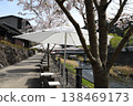 A bridge in the middle of a river where cherry blossoms are in full bloom. 138469173